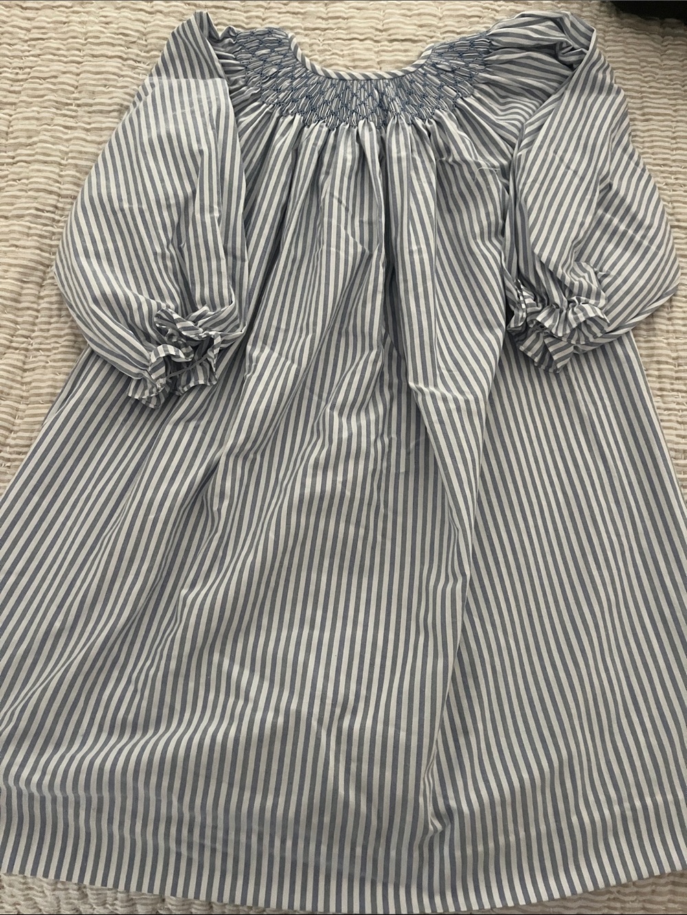 Bella Bliss Girls Blue & White Striped Smocked Neck Dress